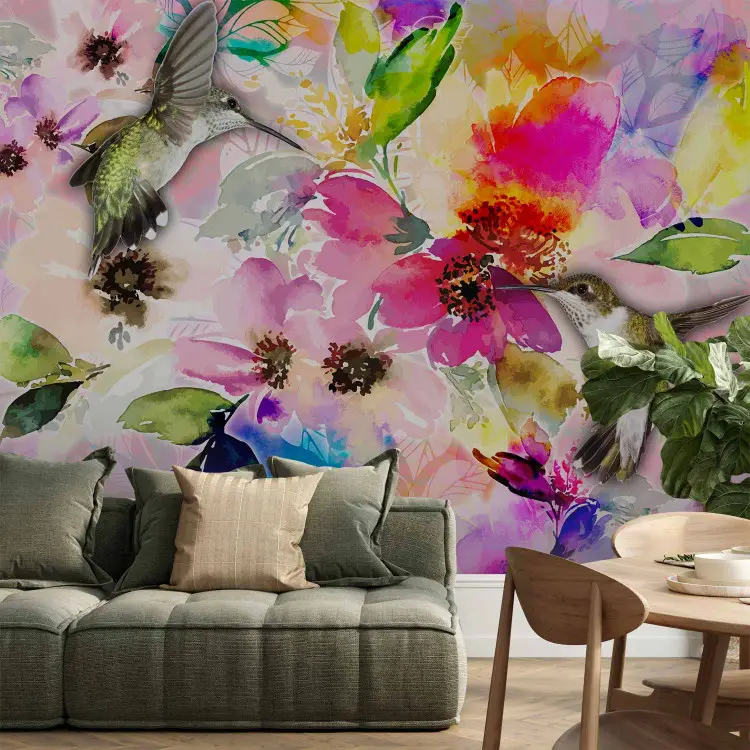 Cores da natureza - beija-flores sobre flores em tons pastéis