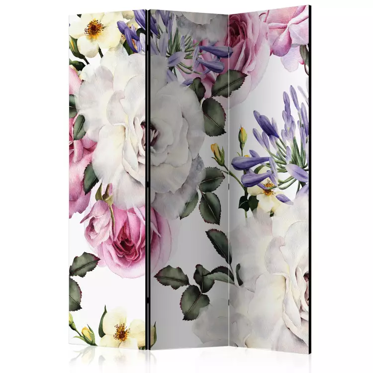 Prado Floral - plantas de flores coloridas com folhas em um fundo branco claro