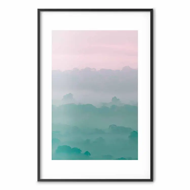 Alvorada Nebulosa - paisagem de árvores entre densa neblina em tons pastel