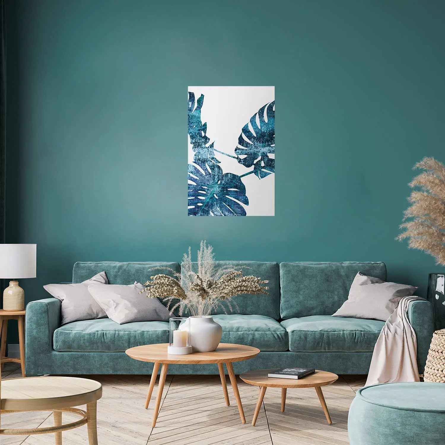 Poster decorativo Monstera Esmeralda - folhas abstratas azuis em um fundo  branco - Posters bimago.pt