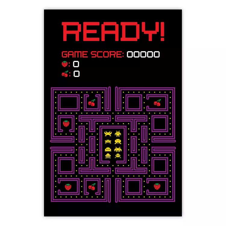 Pronto! - legendas em inglês e ícones de frutas no mapa do jogo Pacman