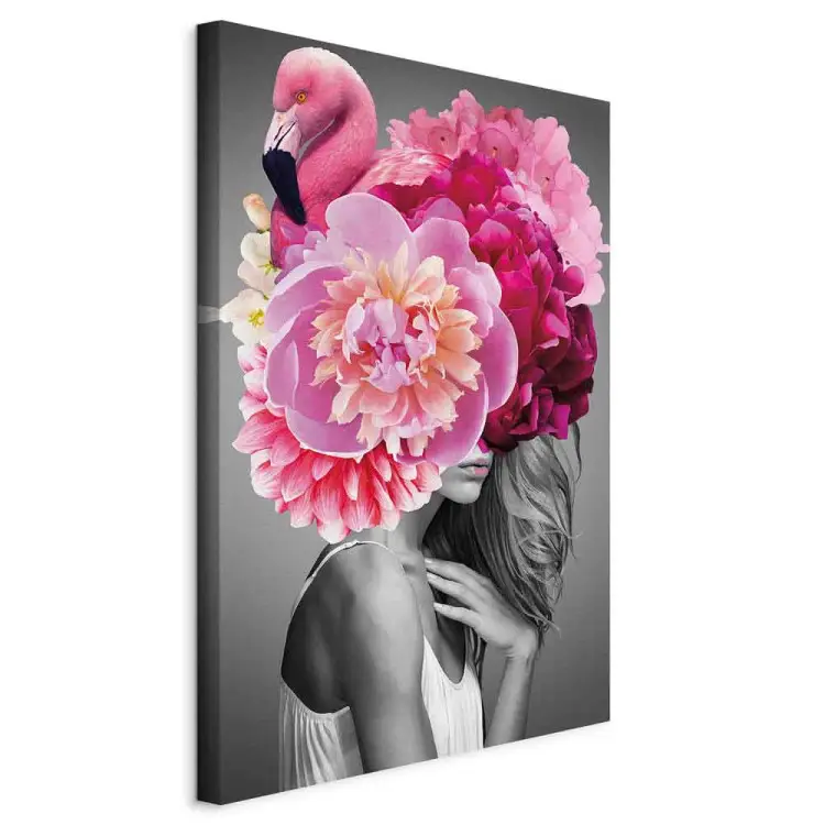 Garota Flamingo vertical - mulher com pássaro e peônia