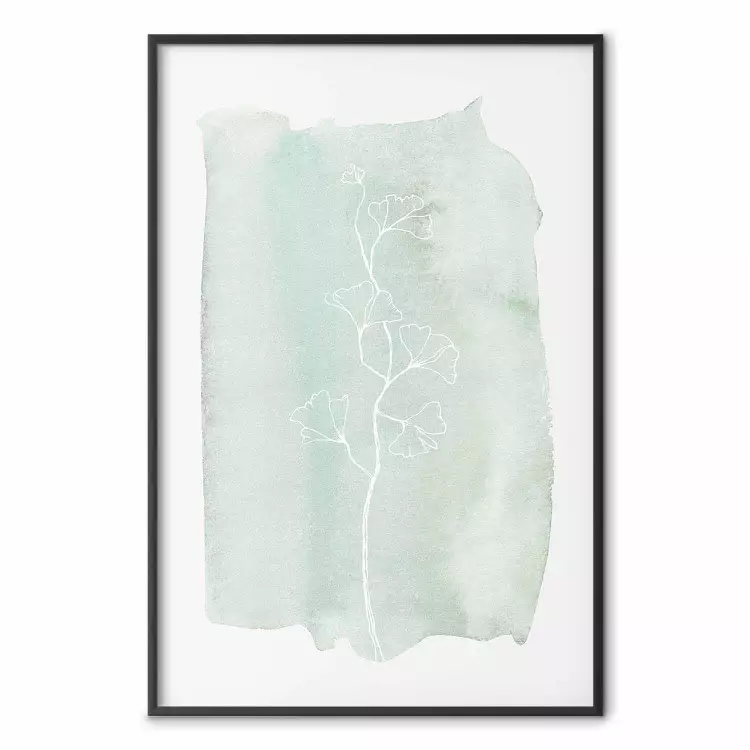 Ginkgo Menta - arte abstrata em branco de uma planta com flores em um fundo de menta