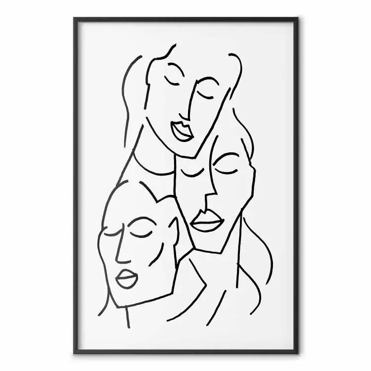 Três Rostos - arte de linha preta de rostos de personagens em um fundo cinza sólido