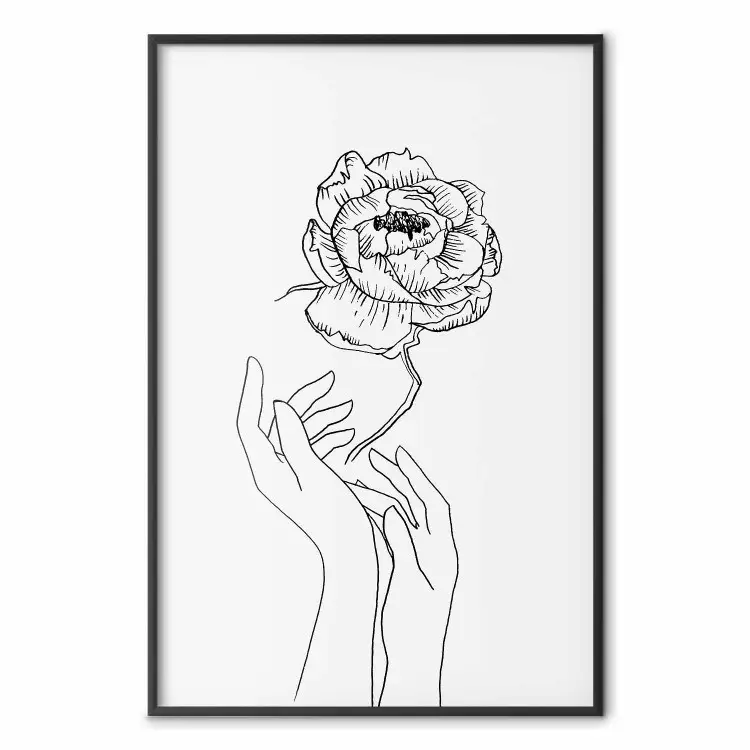 Flor Delicada - arte em linha de flores e mãos em um fundo branco contrastante