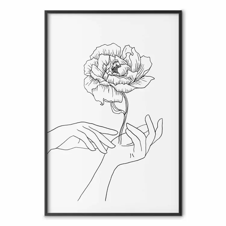 Toque Gentil - arte em linha preta de mãos e flores em um fundo sólido