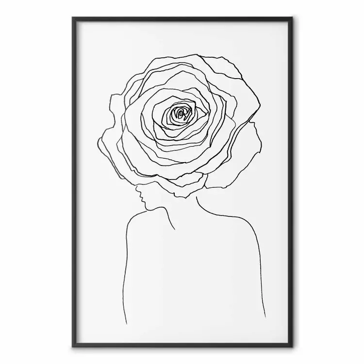 Olhar Reverso - arte em linha preta de uma mulher com flores no cabelo