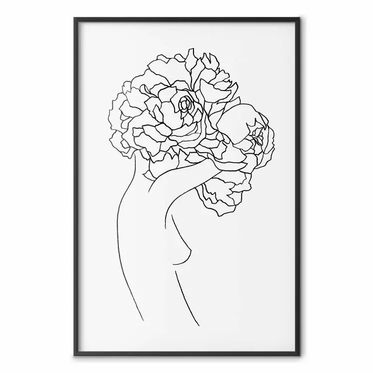 Jardineira - arte em linha abstrata de uma mulher com flores em um fundo branco