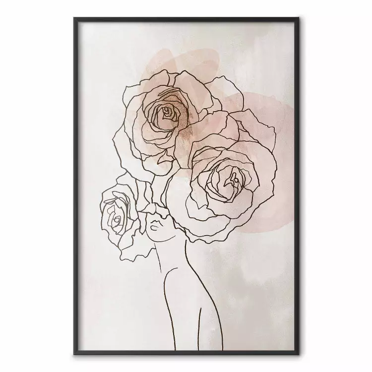 Anna e Rosas - arte em linha abstrata preta de uma mulher com flores no cabelo