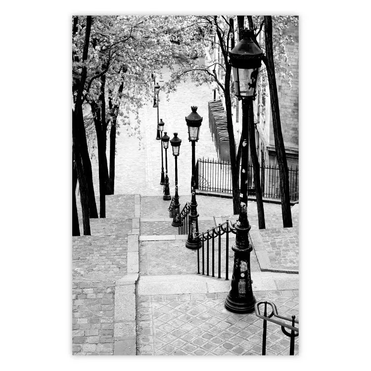 Montmartre - paisagem de rua em preto e branco na cidade com muitos lampiões