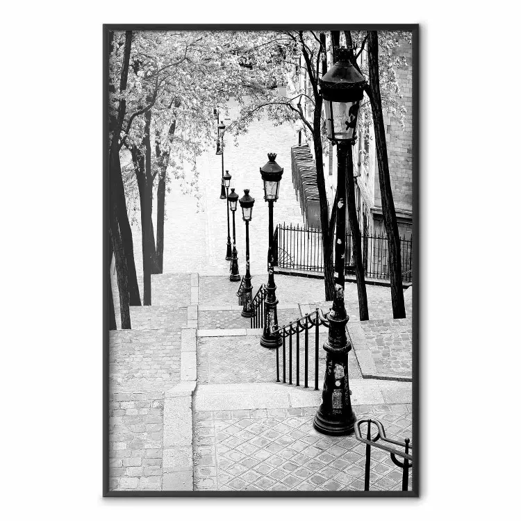 Montmartre - paisagem de rua em preto e branco na cidade com muitos lampiões