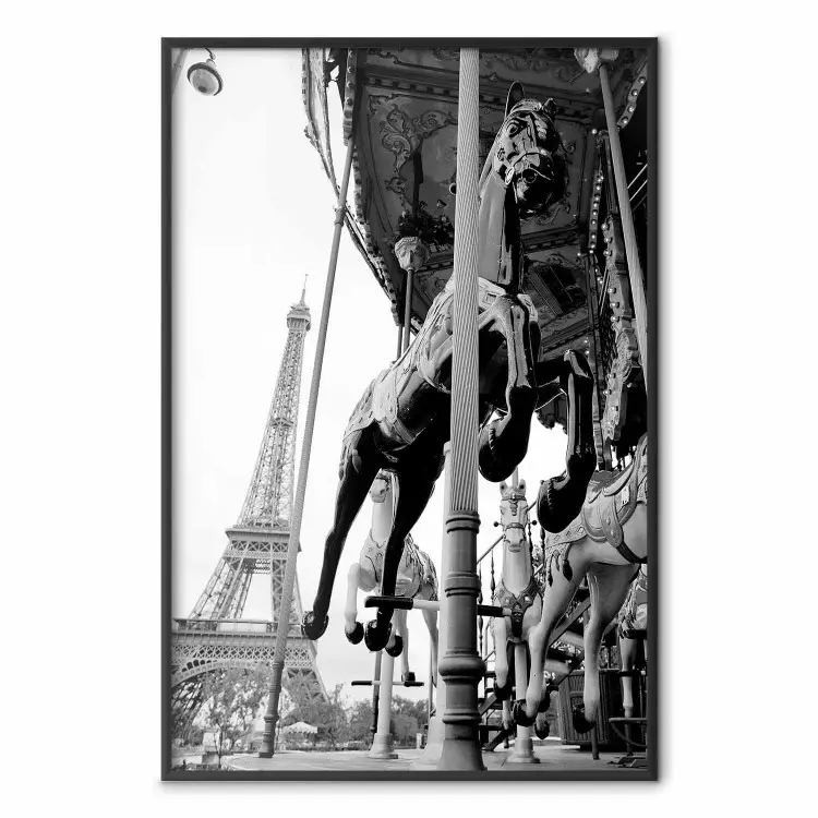 Paris Giratório - paisagem de carrossel em cinza com um cavalo ao fundo da Torre Eiffel