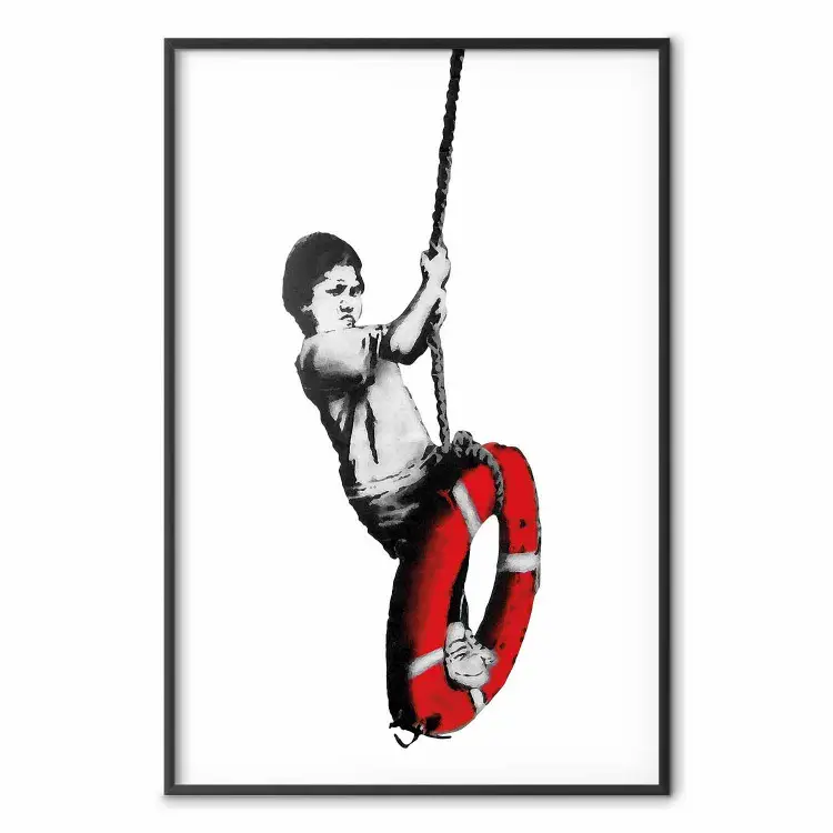 Banksy: Menino em um Balanço - menino em preto e branco em um balanço com uma roda