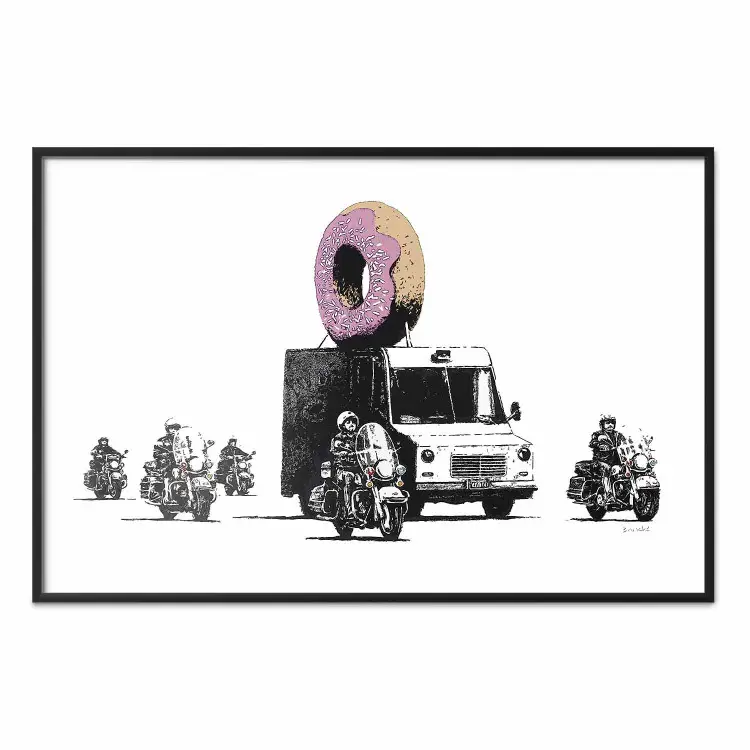 Polícia dos Donuts - carro com um donut e motos da polícia em um fundo branco