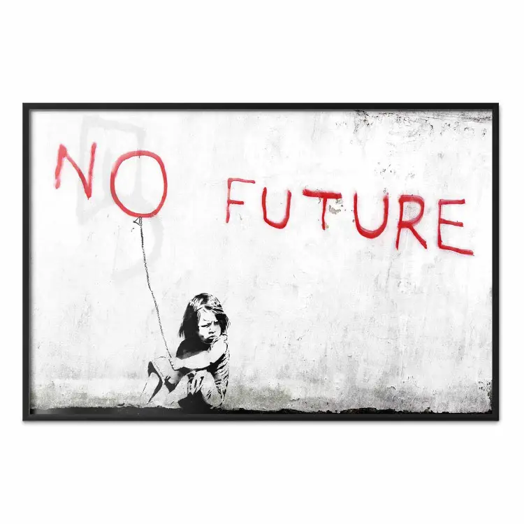 Sem Futuro - mural preto e branco de uma menina e escritos vermelhos
