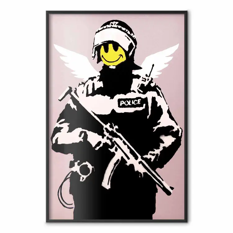 Policial - homem com o rosto amarelo e asas no estilo Banksy