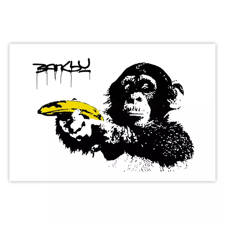 Banksy: Macaco com Banana - animal preto com uma fruta amarela em um fundo branco