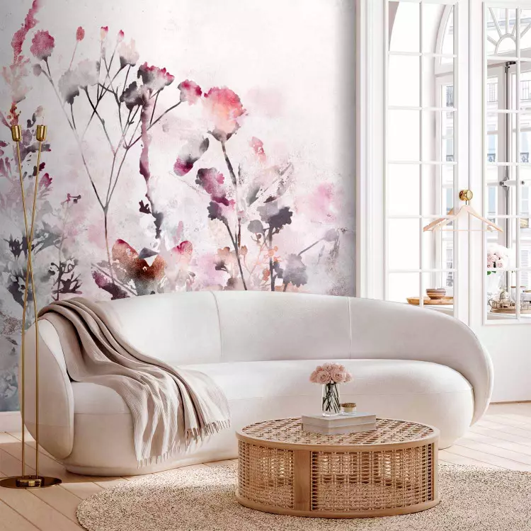 Prado em Aquarela - plantas delicadas em tons de rosa em fundo claro