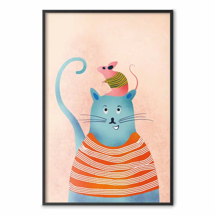 Bons Amigos - gato azul engraçado e rato rosa em um fundo claro