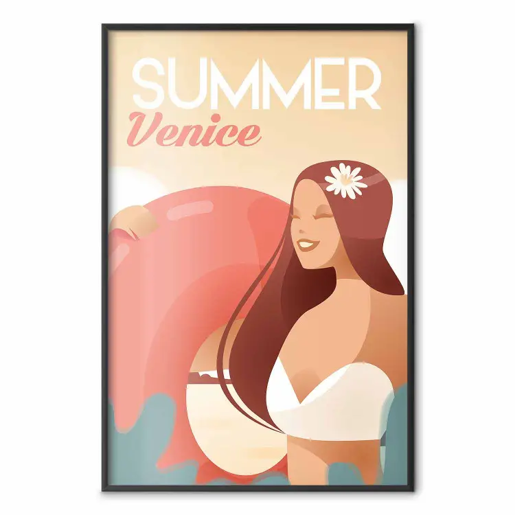 Praia Veneziana - composição de verão com uma mulher e texto em inglês