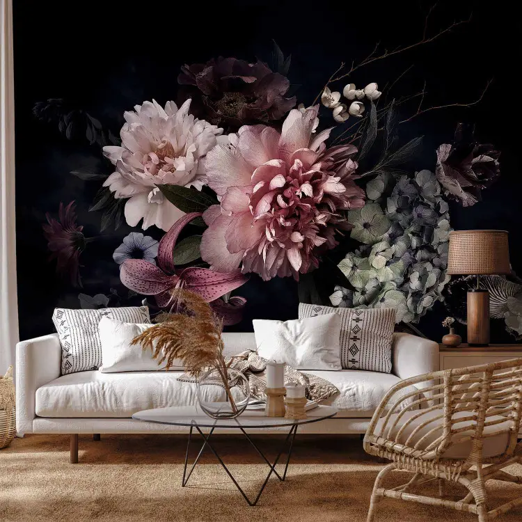 Buquê holandês - flores em branco e rosa sobre fundo preto