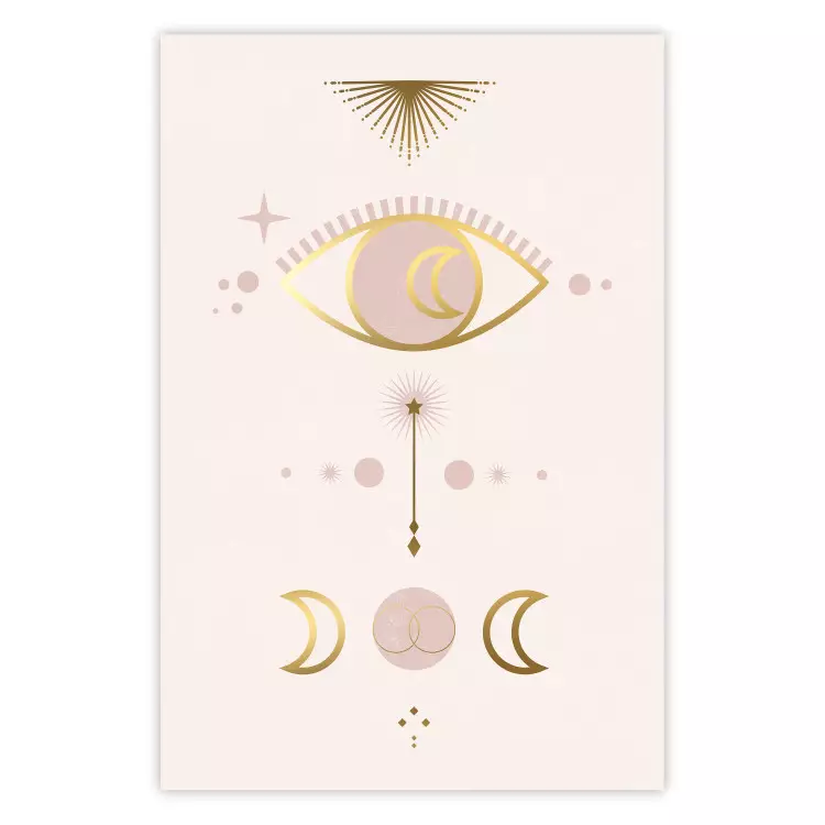 Noite Mágica - abstração dourada com luas e um olho em um fundo claro