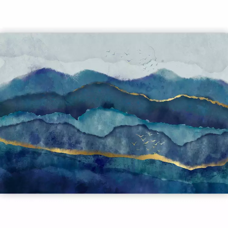 Paisagem Abstrata - montanhas azuis com pássaros e desenhos dourados