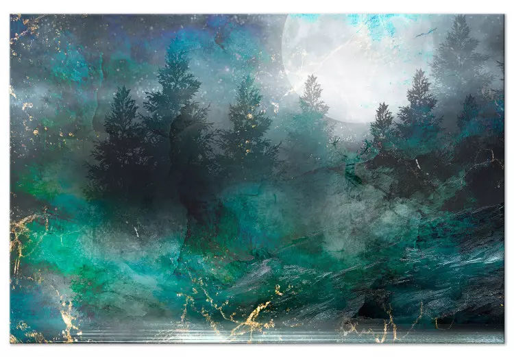 Plenitude Turquesa (1 peça) Largo - floresta de coníferas contra a lua