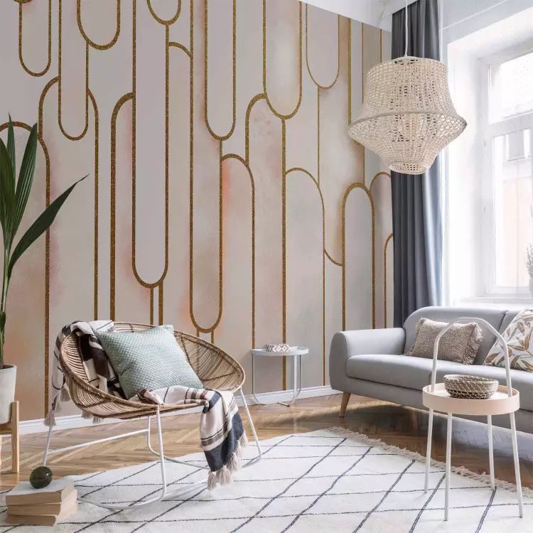 Elegante Abstração Art Deco - formas em tons pastéis com desenhos dourados