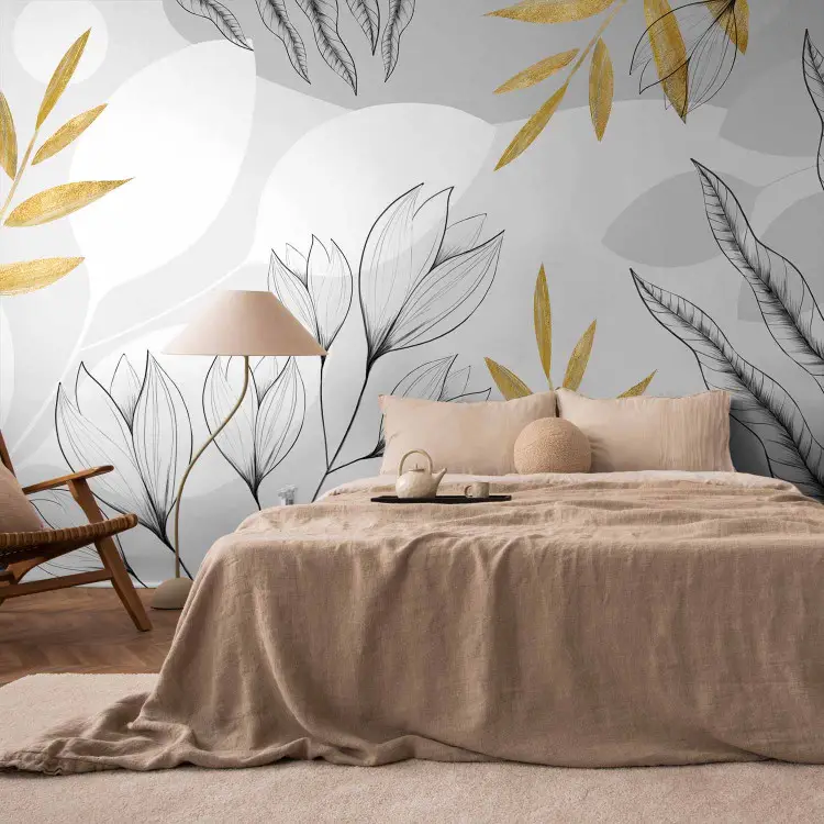 Abstracção da Primavera - folhas e flores com elementos dourados