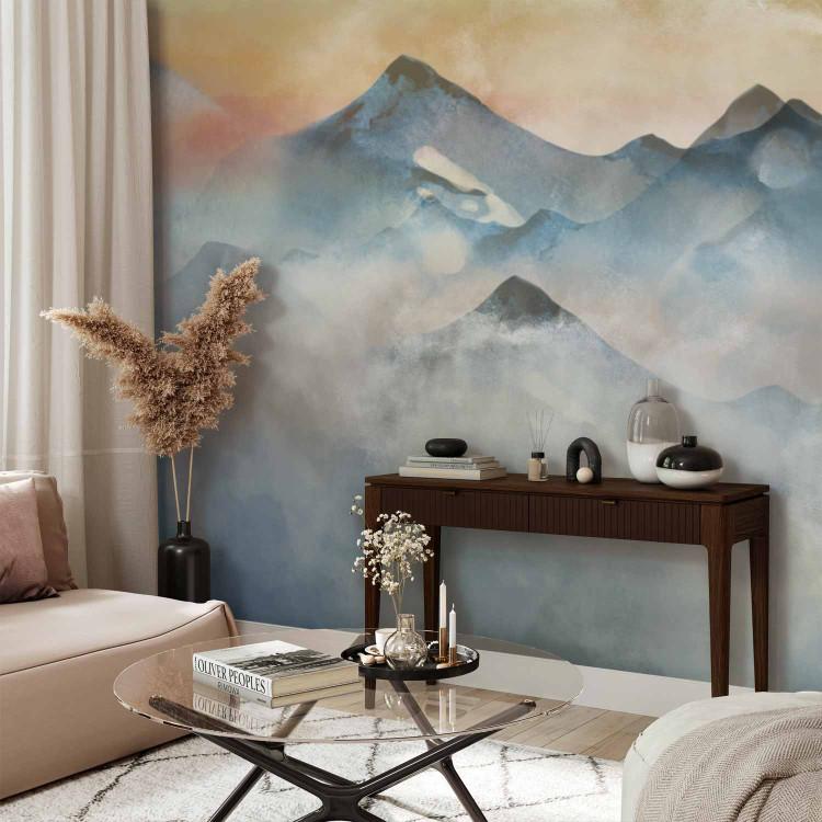 Mural de parede Paisagem Montanhosa em Aquarela - paisagem sutil de montanhas com neblina e pôr do sol