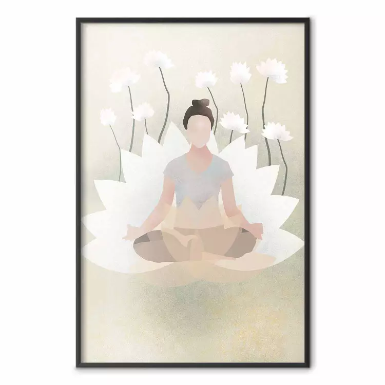 Ioga do Amor - mulher meditando contra flores brancas em um estilo zen