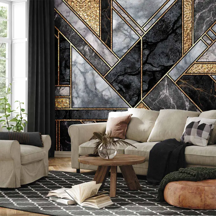 Art Deco Geométrico - mármore cinza e preto com desenhos dourados