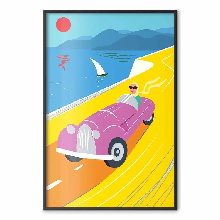 Rali colorido - mulher em carro sobre fundo de mar com barco