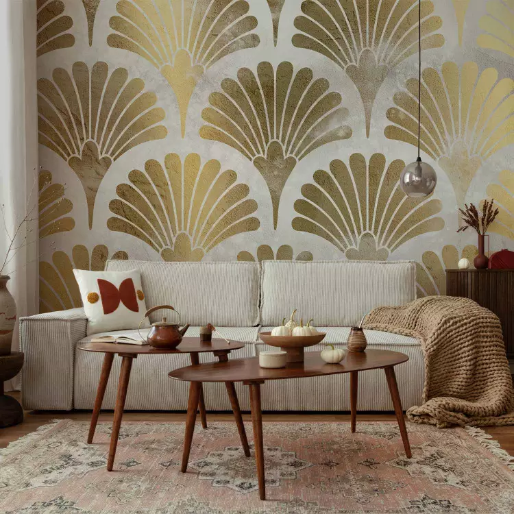 Abstração - motivo de leques dourados em fundo branco em estilo art déco