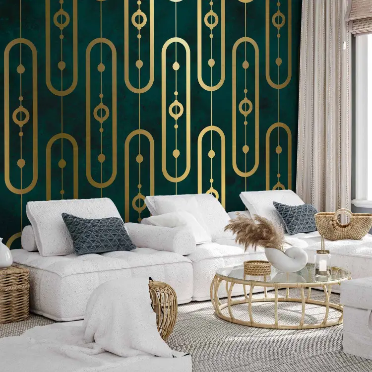 Art Déco - abstração com motivo de corrente dourada em fundo turquesa