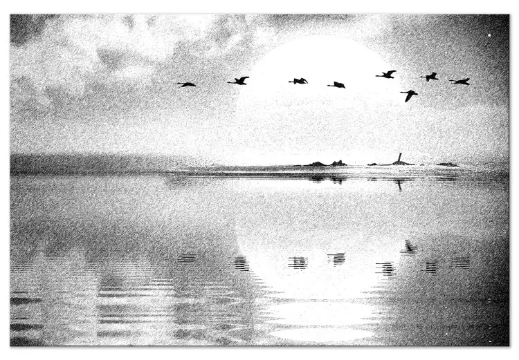 Voo de Pássaros sobre o Lago (1 peça) Largo - paisagem em preto e branco