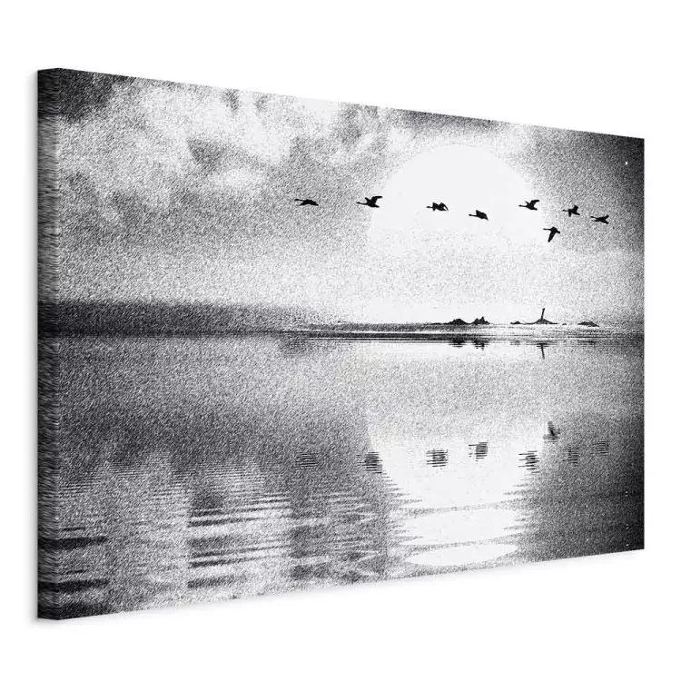 Voo de Pássaros sobre o Lago (1 peça) Largo - paisagem em preto e branco