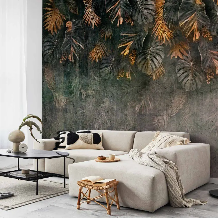 Natureza Dourada - paisagem com folhas tropicais em fundo irregular