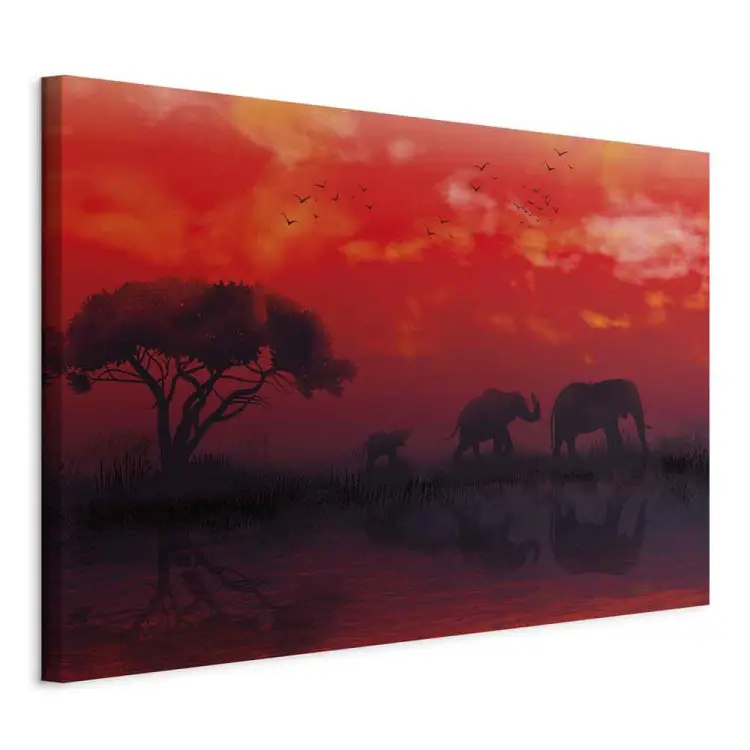 Paisagem Africana Largo - elefantes e céu vermelho