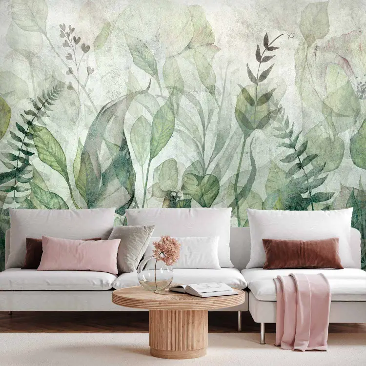 Prado Aquarela - motivo verde de folhas em tons de cinza