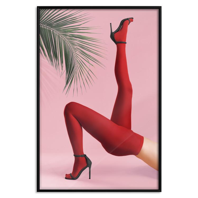 Poster decorativo Red Tights - Woman Legs, High Heels and Palm Leaf on a Pink Background