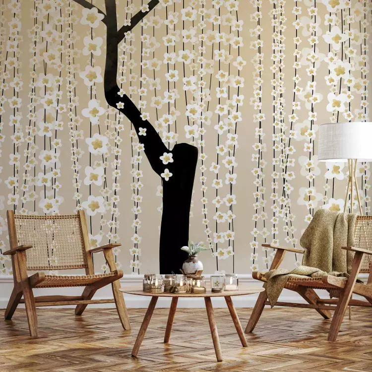 Árvore com Flores Pendentes - florescência romântica em fundo amarelo