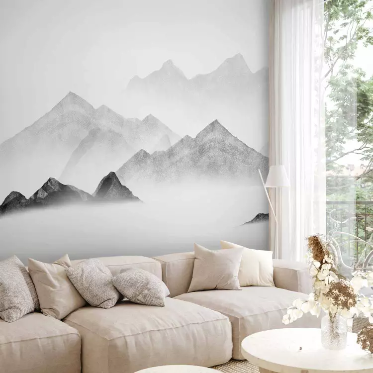 Montanhas na Neblina - paisagem aquarelada com picos de montanha em tons de cinza