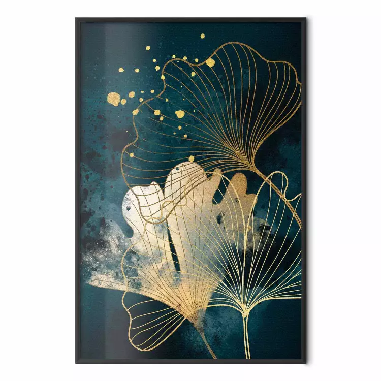Natureza em abstração - folhas douradas de ginkgo e aguarelas turquesa
