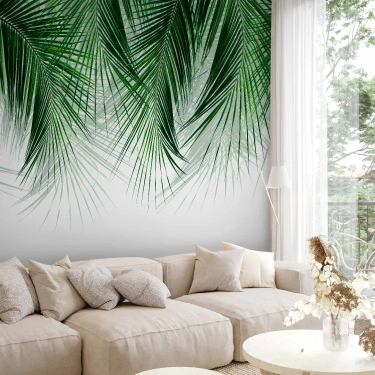 Sob uma planta tropical - ramos de palmeira com folhas verdes