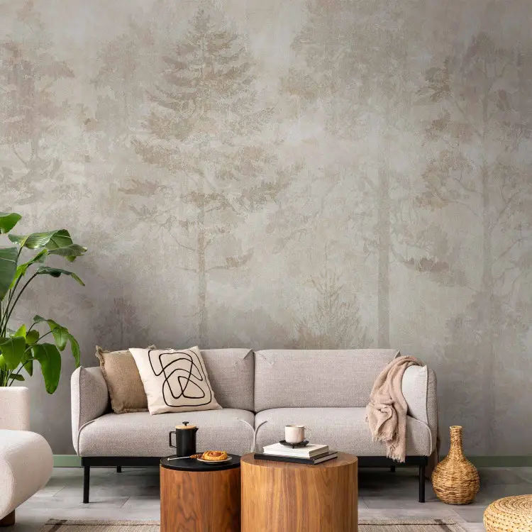 Floresta de sonho - gráfico com árvores num fundo de pedra bege e creme