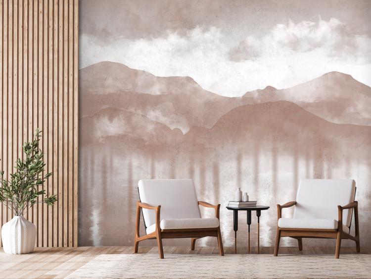 Mural de parede Hazy Landscape - View of Mountains and Lakes in Warm Tones