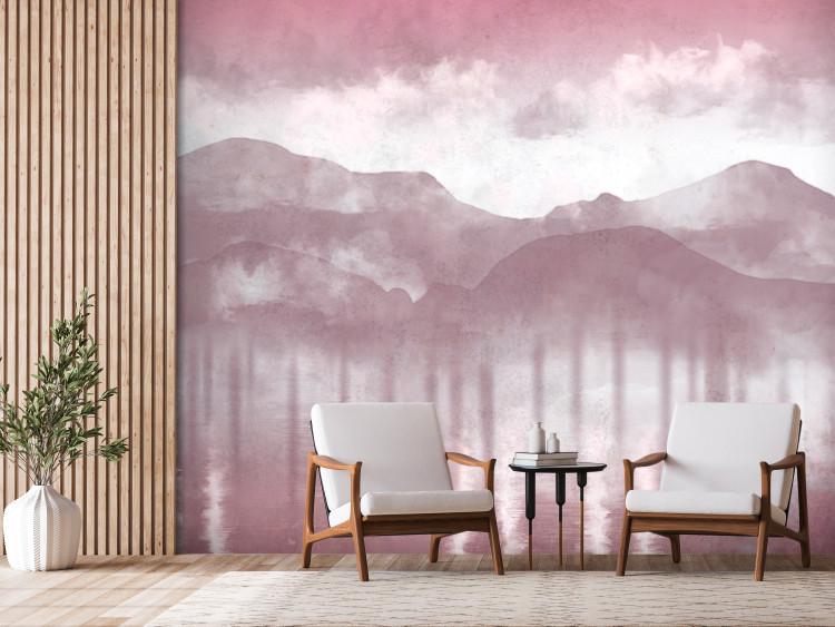 Mural de parede Hazy Landscape - View of the Mountains and the Lake in Pink Shades
