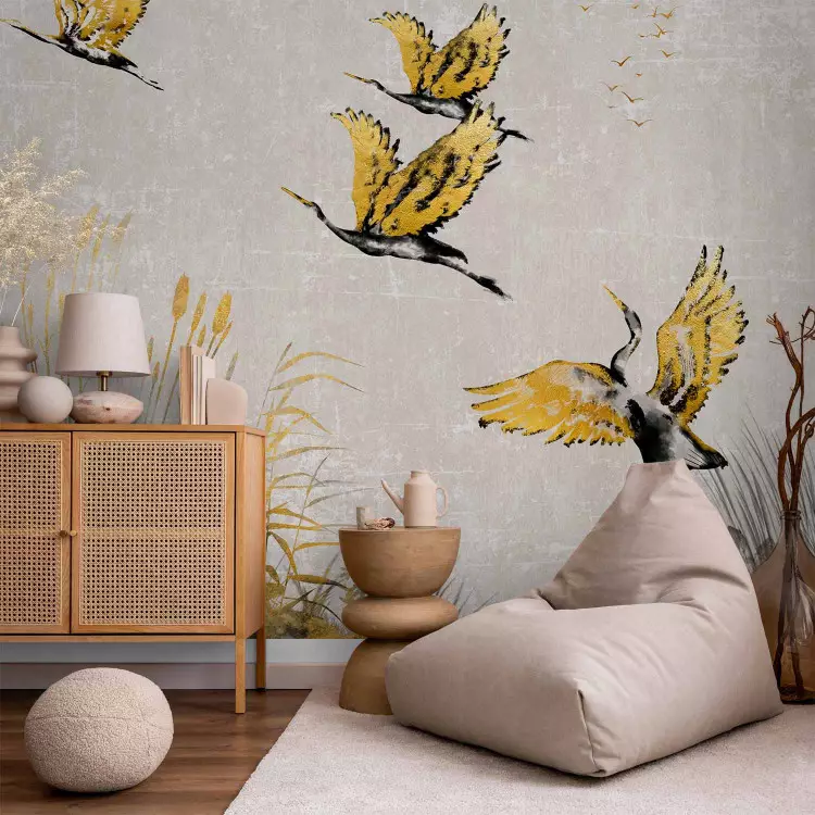 Gansos ao pôr do sol - aves pintadas a tinta e dourado